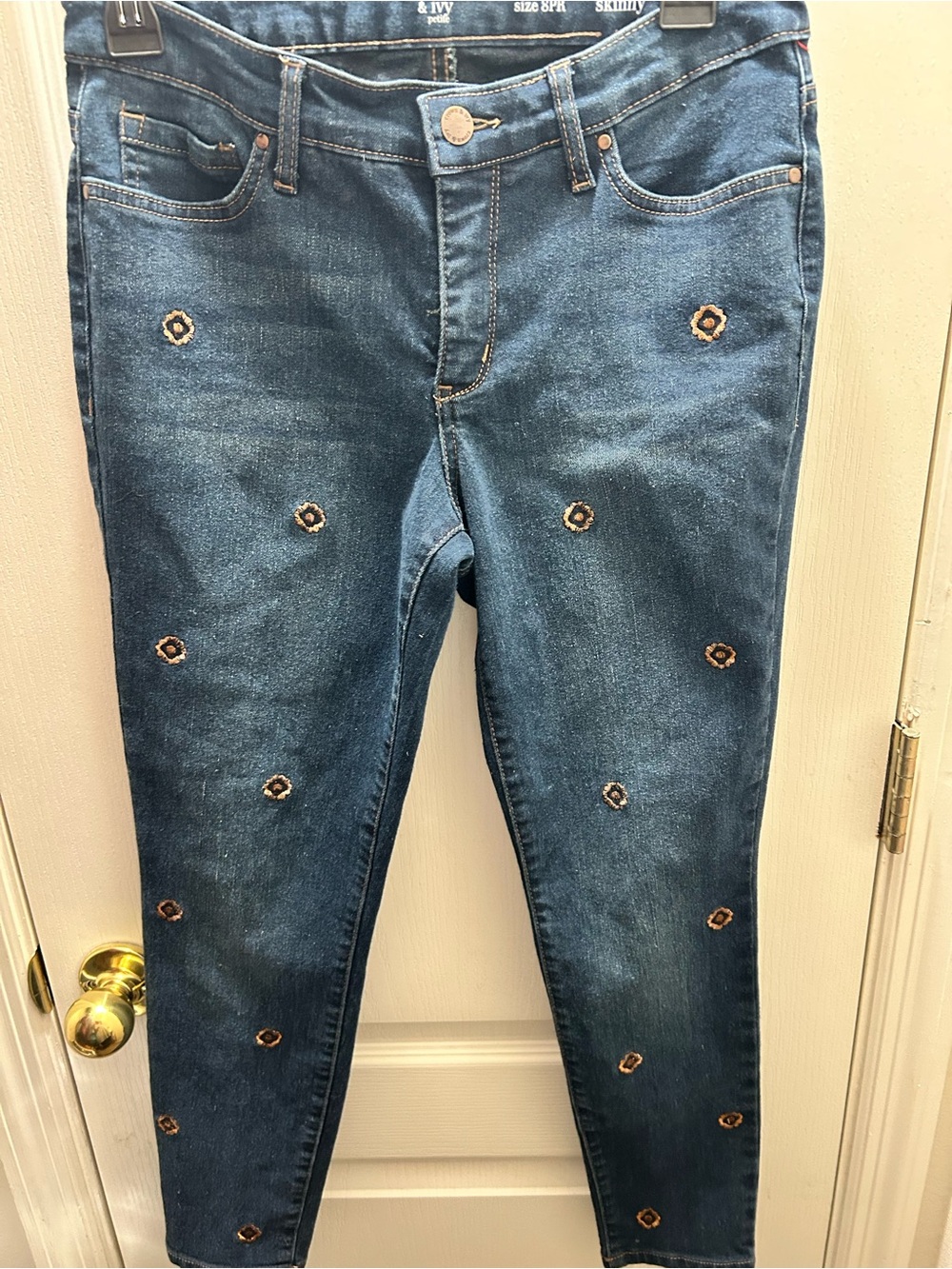 Embroidered 8PR Dark Blue Women’s Skinny Jeans Y2K Dark Wash Stretch